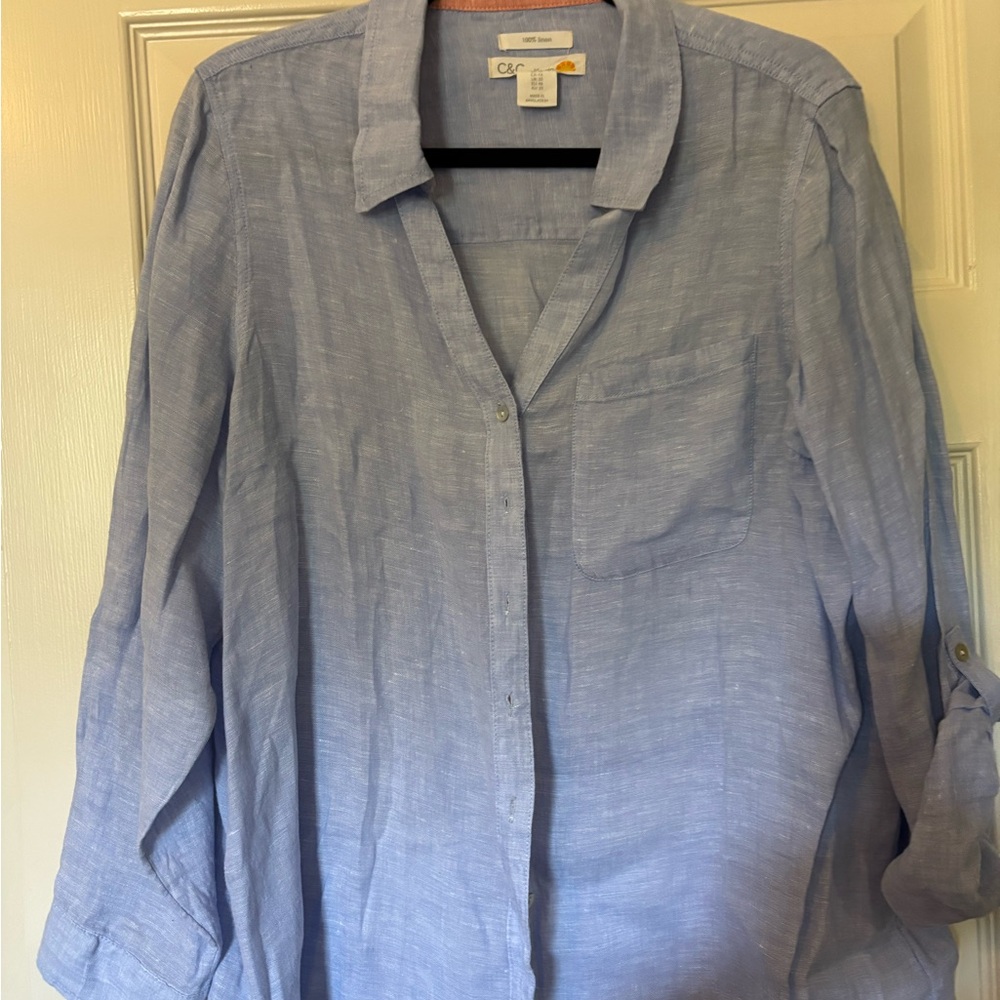 C&C California Light Blue Linen Shirt with Coral Trim